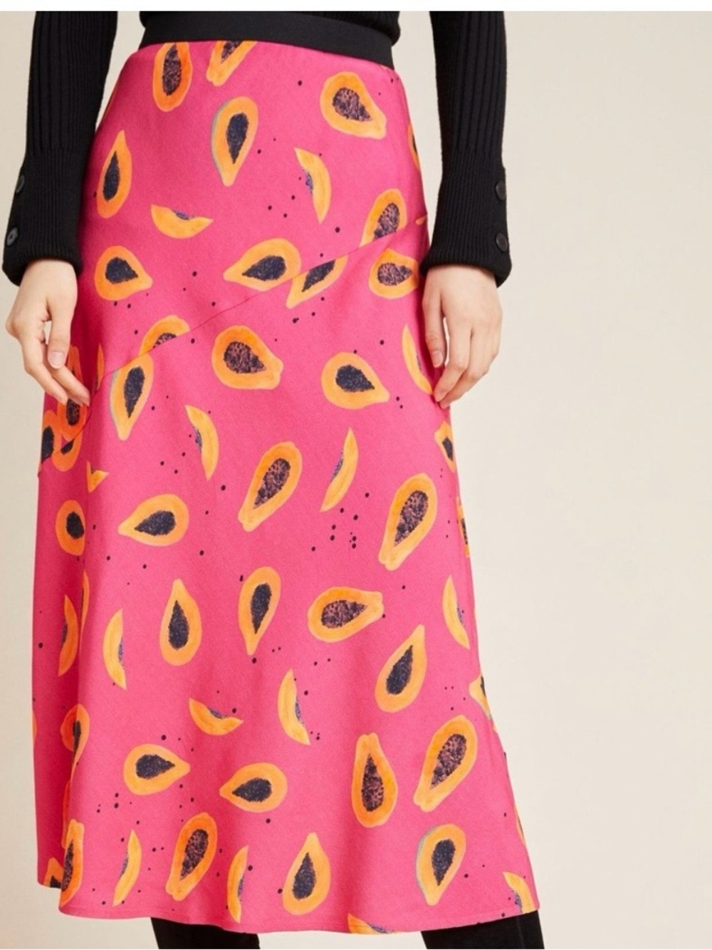 NWT! Cory Lynn Calter Anthropologie Papaya Fruit Print-SZ S-Bias Cut Slip Skirt